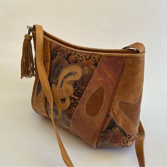 Sharif Patchwork Exotic Crossbody Vintage 80s Reptile Snakeskin Bag Made in USA - Picture 3 of 10